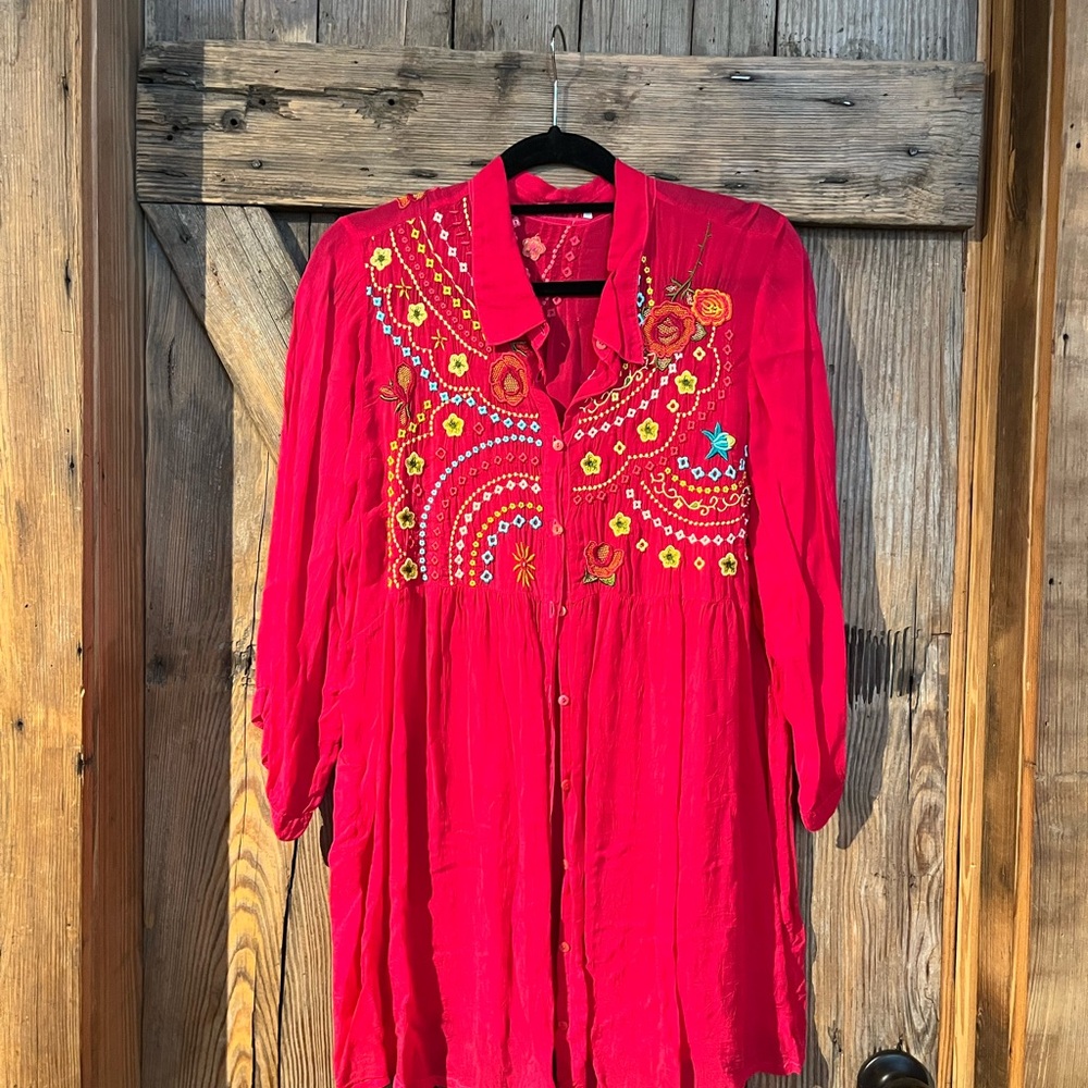 Embroidered hot pink button up Johnny Was